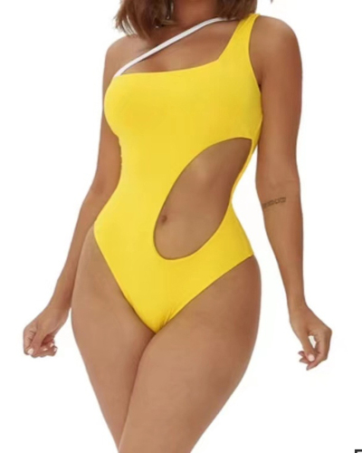 Lady's Sexy One-shoulder Hollow-out Solid Color One-piece Swimsuit S-L