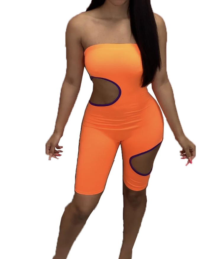 Lady Sexy Hollow Out Colorblock Strapless Jumpsuit Black Blue Orange Pink  S-2XL 