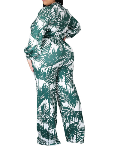 Fashion Long Sleeve Leaf Printed Casual Loose Two Pieces Outfit Pants Sets XL-4XL