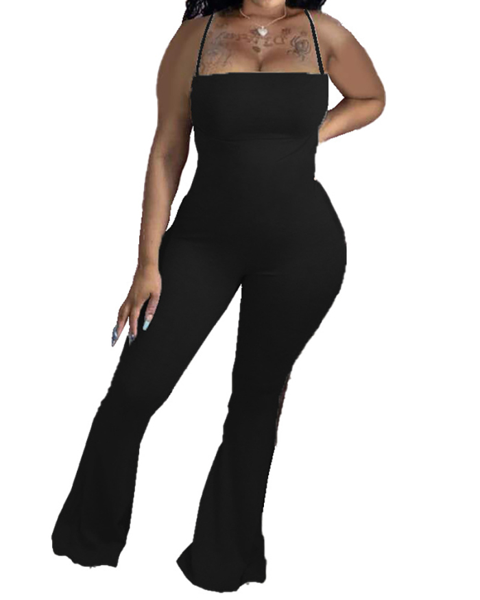 Lady Solid Color Causal Slim Big Flared Jumpsuit S-3XL 