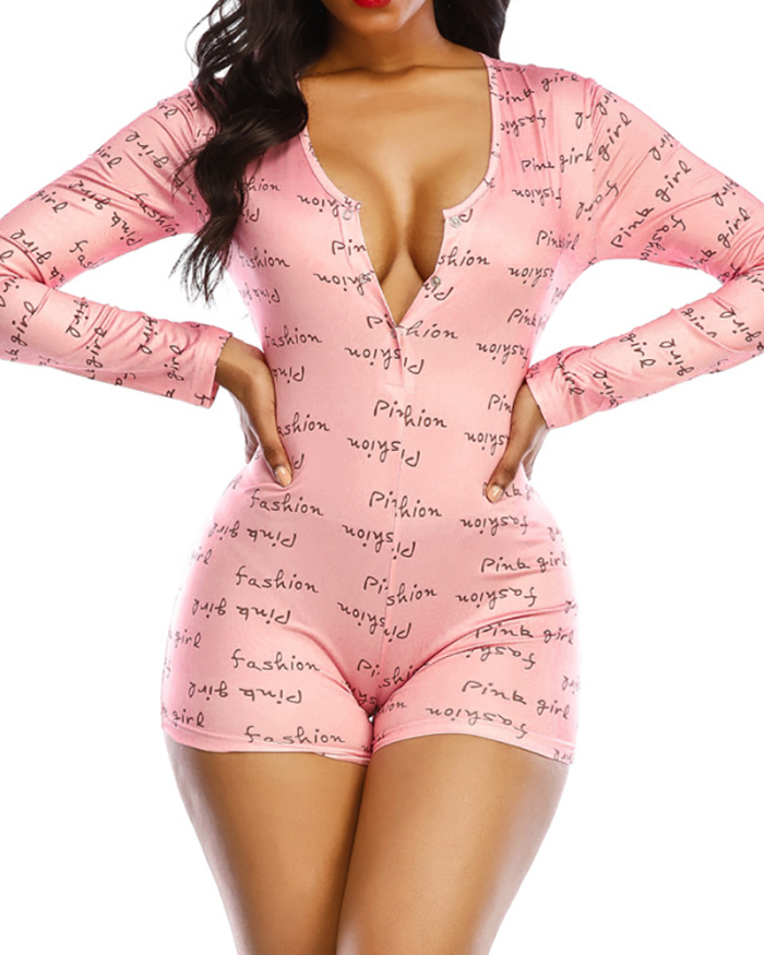 Spring and summer Sexy Ladies One-Piece Pajamas Printed Deep V-Neck Long-Sleeved Set S-2XL