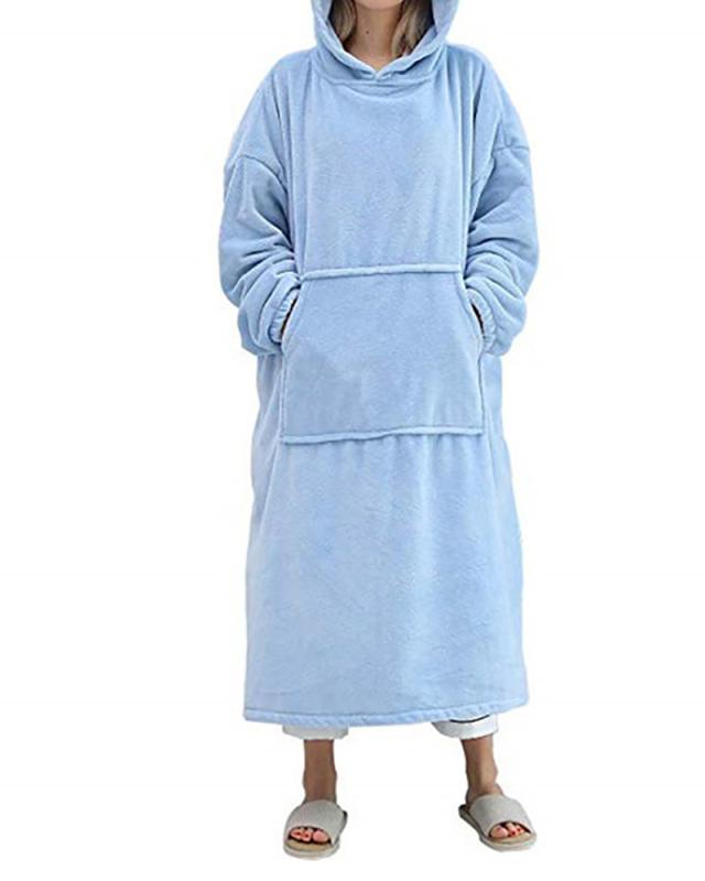 Double-Sided Flannel Extended Hooded Solid Color Pajamas Women's One-Piece Nightdress 
