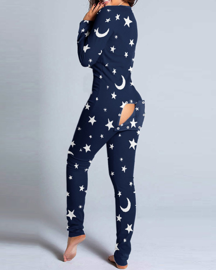 Woman Autumn and Winter New Style Button Flap Printing Long-Sleeved Homewear Jumpsuit S-3XL