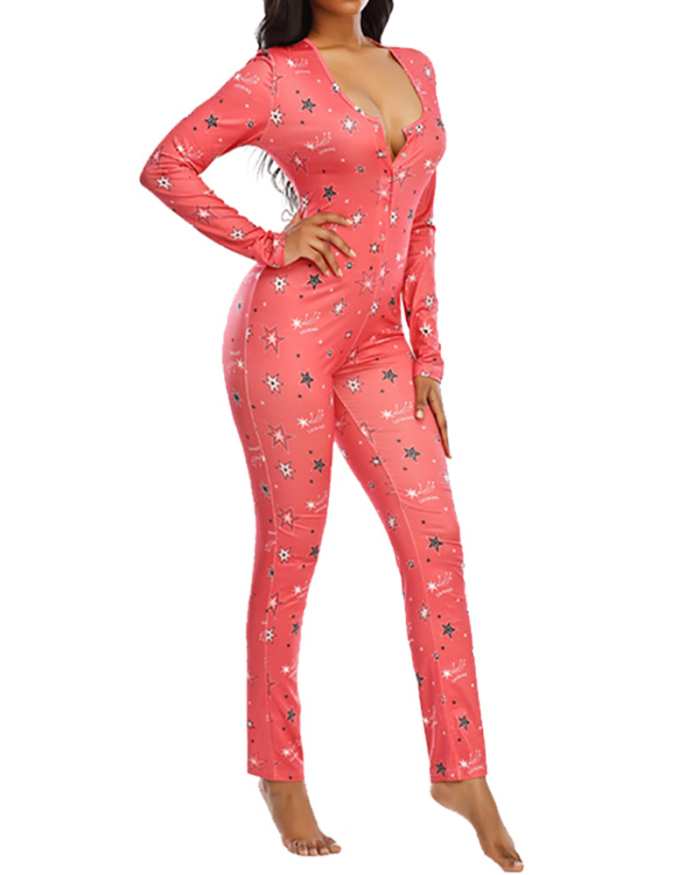 Woman Summer Long-Sleeved Thin Pajamas Deep V-Neck Comfortable Overalls S-2XL