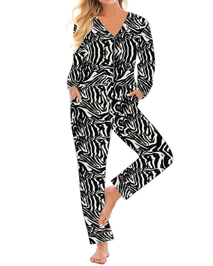 Women's Spring and Autumn Cardigan Long-Seeved Zebra Print Lapel Pajamas S-XL