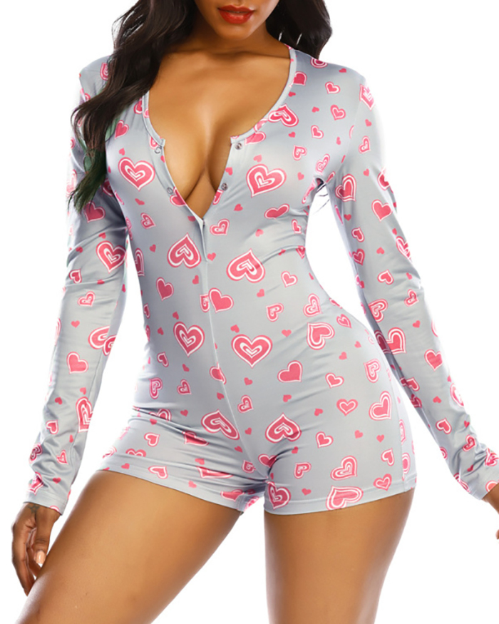 Spring and summer Sexy Ladies One-Piece Pajamas Printed Deep V-Neck Long-Sleeved Set S-2XL