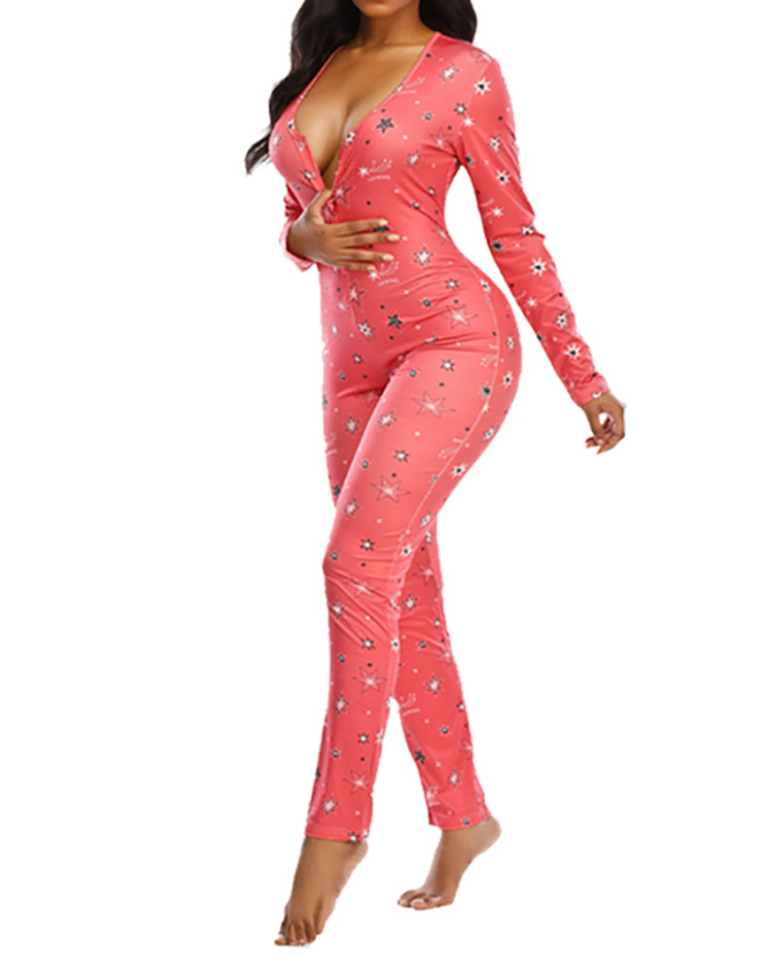 Woman Summer Long-Sleeved Thin Pajamas Deep V-Neck Comfortable Overalls S-2XL