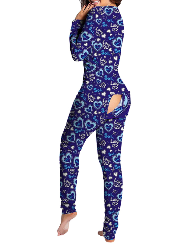 Woman Autumn and Winter New Style Button Flap Printing Long-Sleeved Homewear Jumpsuit S-3XL