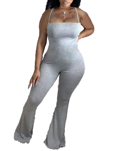 Lady Solid Color Causal Slim Big Flared Jumpsuit S-3XL 