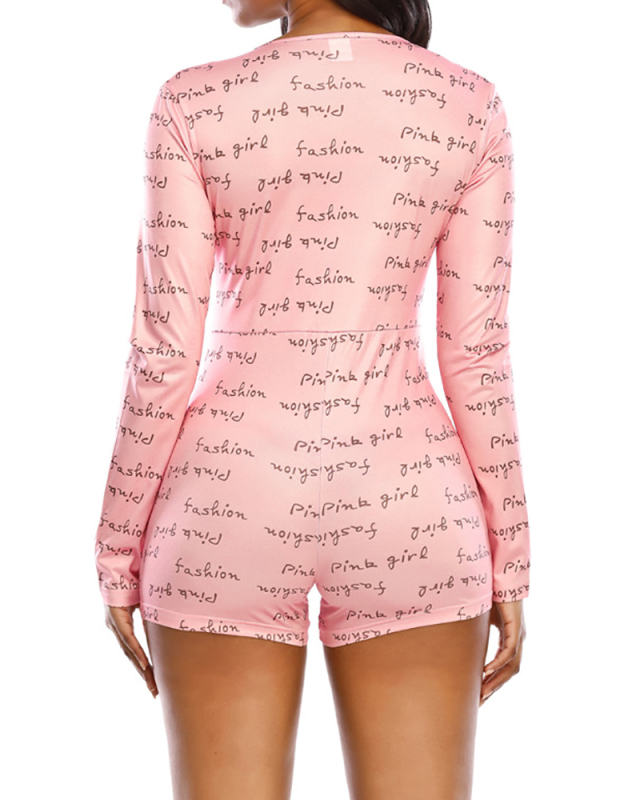 Spring and summer Sexy Ladies One-Piece Pajamas Printed Deep V-Neck Long-Sleeved Set S-2XL