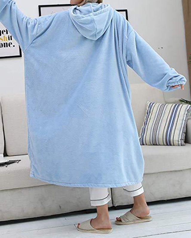 Double-Sided Flannel Extended Hooded Solid Color Pajamas Women's One-Piece Nightdress 