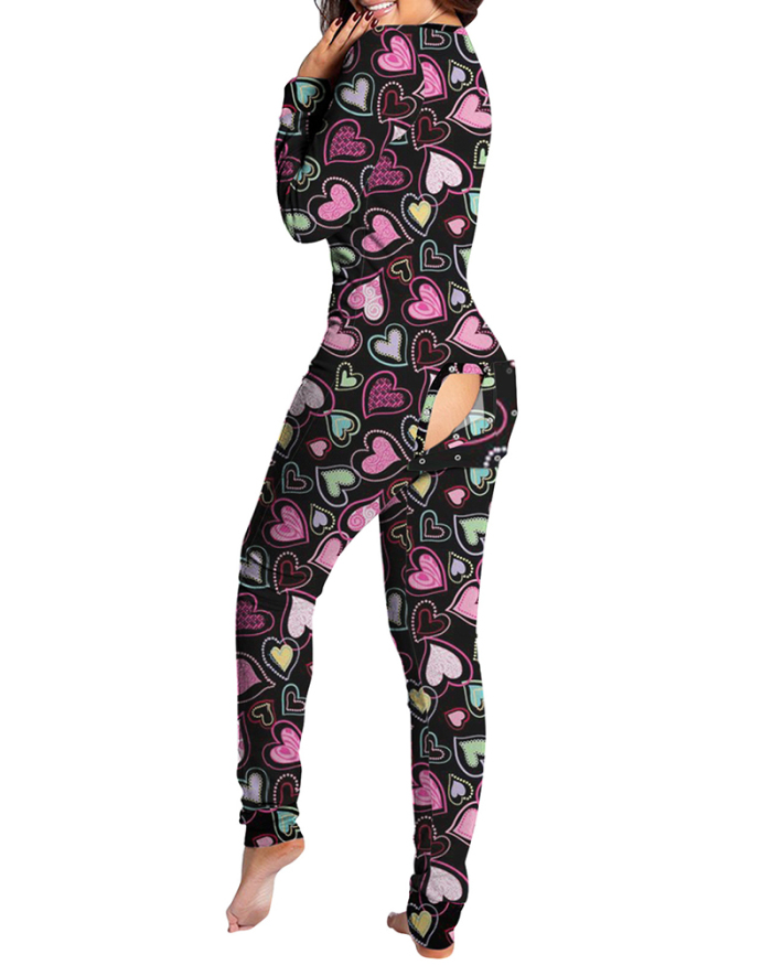 Woman Autumn and Winter New Style Button Flap Printing Long-Sleeved Homewear Jumpsuit S-3XL