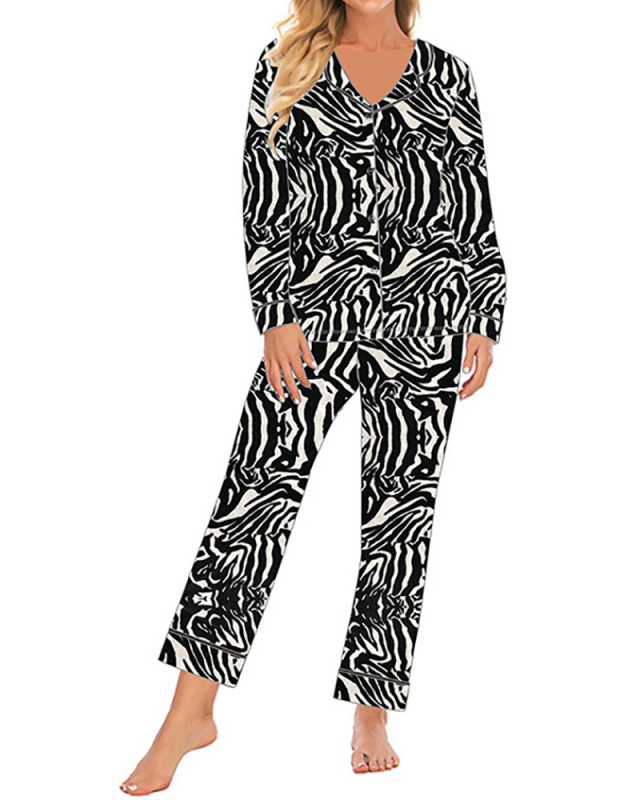 Women's Spring and Autumn Cardigan Long-Seeved Zebra Print Lapel Pajamas S-XL