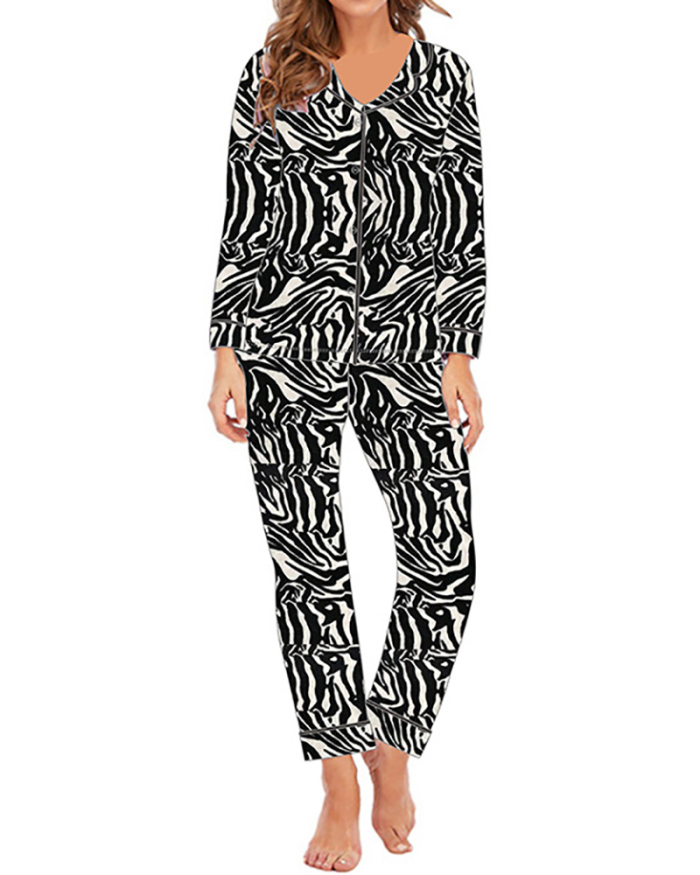 Women's Spring and Autumn Cardigan Long-Seeved Zebra Print Lapel Pajamas S-XL