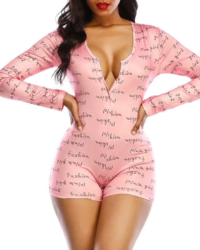 Spring and summer Sexy Ladies One-Piece Pajamas Printed Deep V-Neck Long-Sleeved Set S-2XL