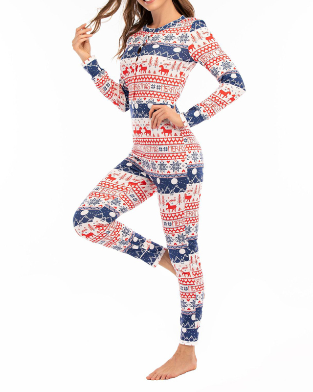New Christmas Print Jumpsuit Slim Fit Multi-Button Jumpsuit S-2XL