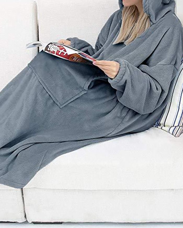 Double-Sided Flannel Extended Hooded Solid Color Pajamas Women's One-Piece Nightdress 