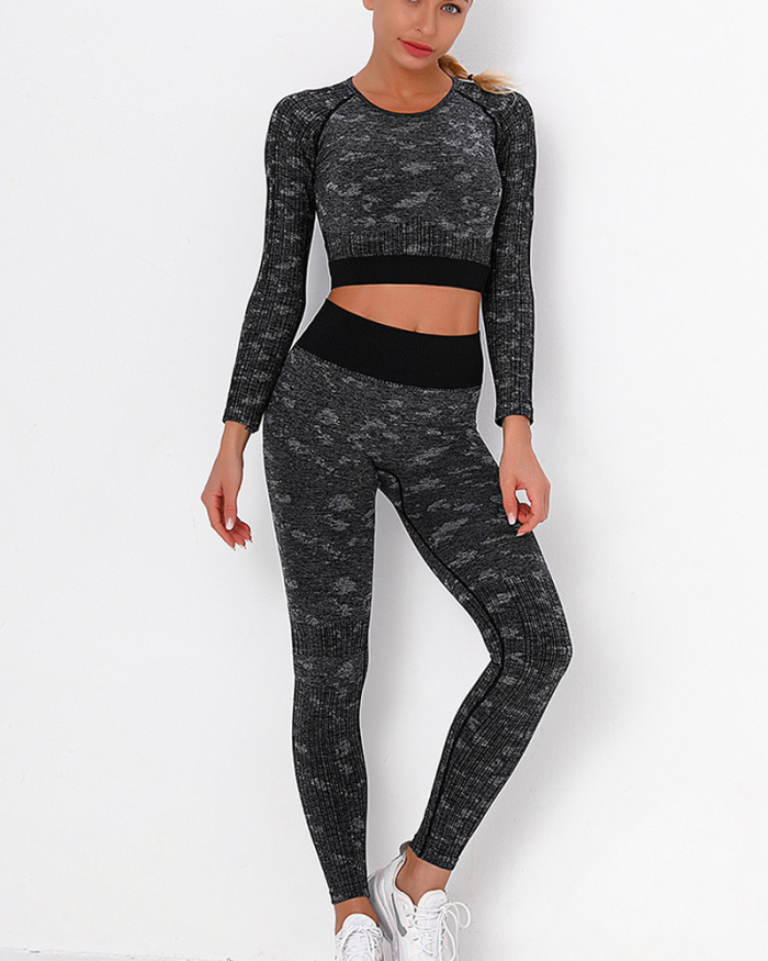 Seamless Knitted Yoga Wear Fitness Suit Outdoor Quick-drying Striped Camouflage Yoga Pants Three-piece Set XS-L
