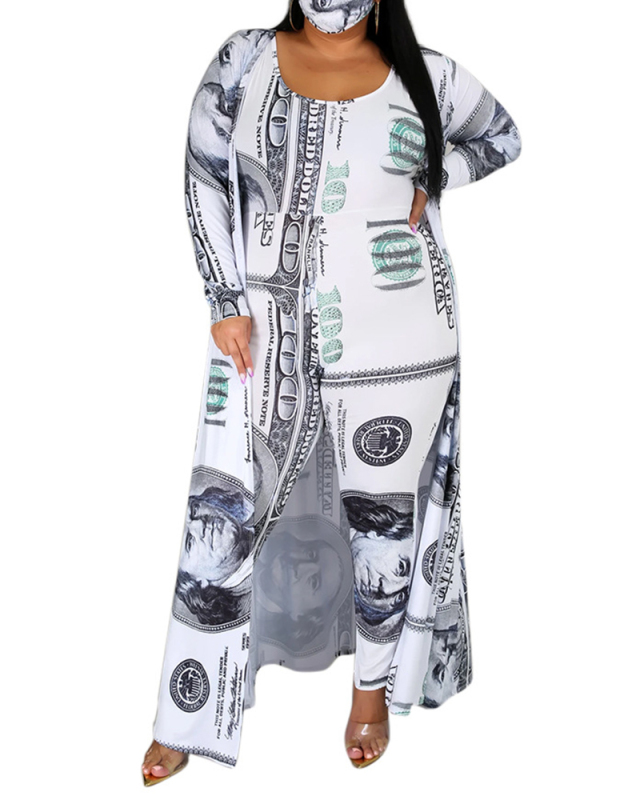 Lady Fashion Dollar Bill Printed Jumpsuit and Cloak Two-Piece Set XL-5XL