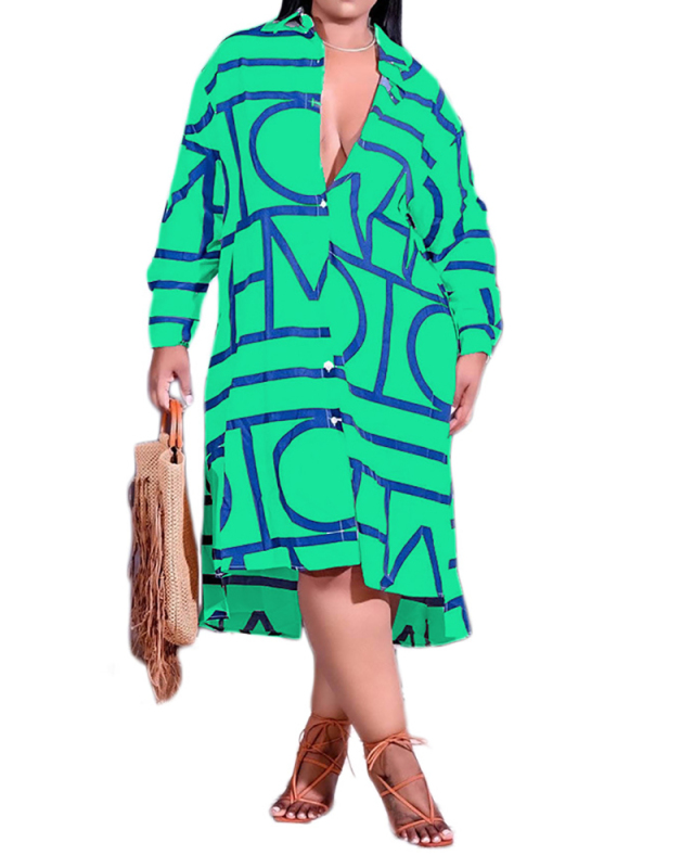 Fashion Print Lapel Long Sleeve Irregular Hem Ladies Shirt Dress L-4XL