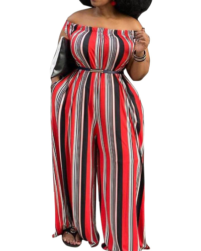Plus Size Women's Striped Printed One-Shoulder Sexy Jumpsuit L-4XL