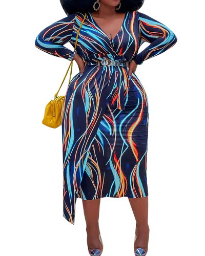 Plus Size Women's Wavy Striped Printed V-Neck Dress XL-4XL