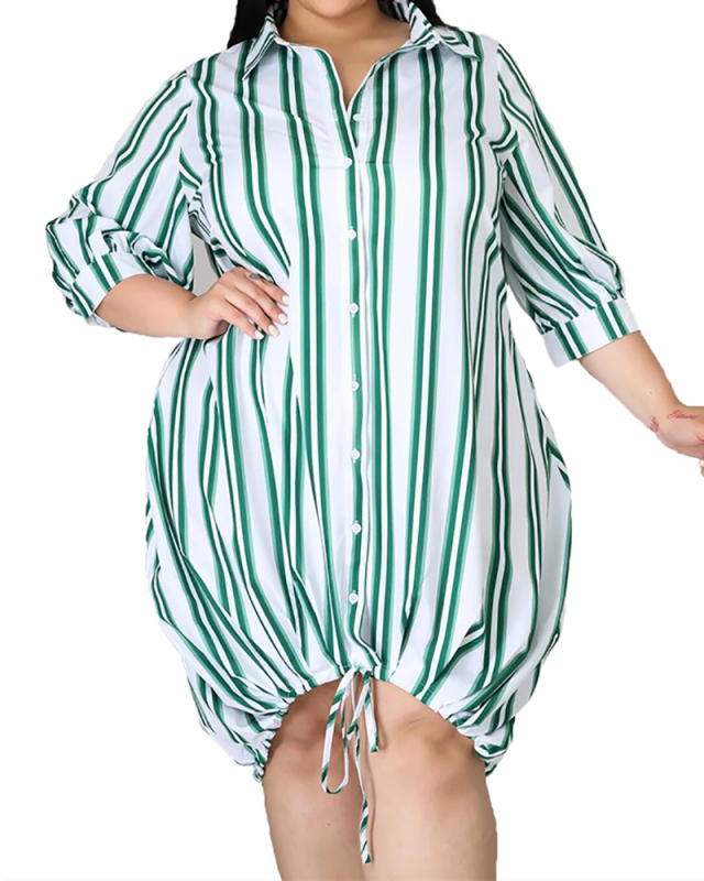 Sexy Lapel Stripe Printed Loose Large Size Long Dress L-5XL
