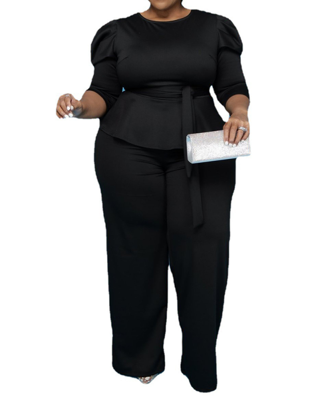 Lady Fashion Solid Color Long-Sleeved Trousers Plus Size Two-Piece Set XL-5XL