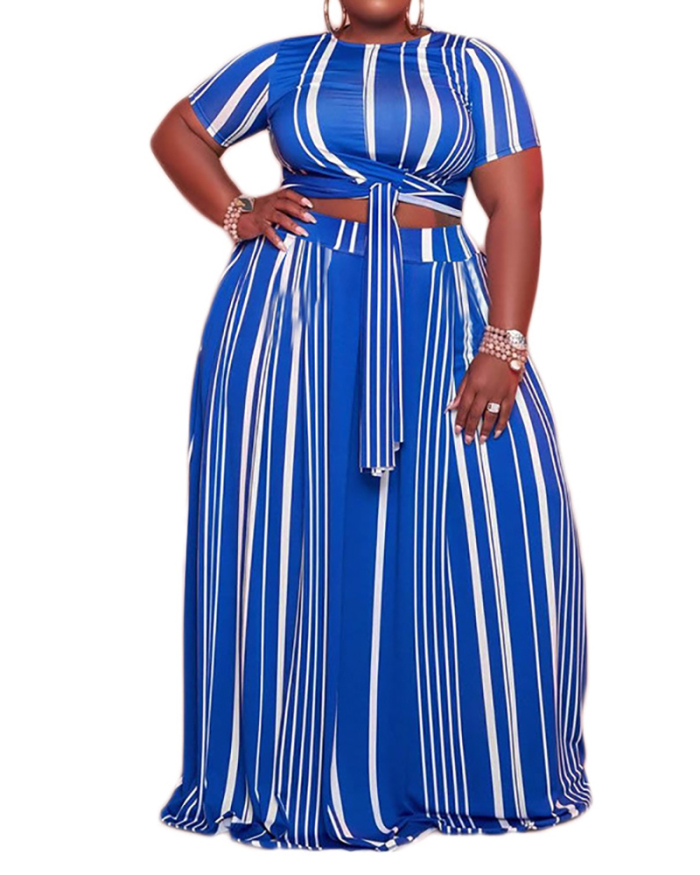 Summer and Autumn Plus Size Women's Striped Printed Skirt Two-Piece Set L-4XL