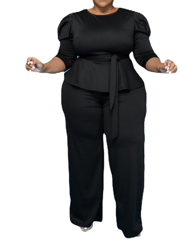Lady Fashion Solid Color Long-Sleeved Trousers Plus Size Two-Piece Set XL-5XL