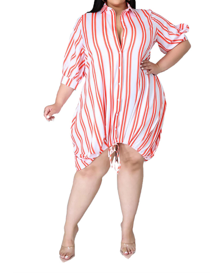 Sexy Lapel Stripe Printed Loose Large Size Long Dress L-5XL