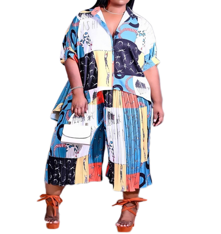 Fashion Printed Four-Way Stretch Pleated Pants Loose Large Size Blue Cardigan Short-Sleeved Shirt Two-Piece Set S-4XL