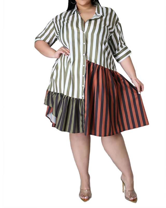 Plus Size Lady's Printed Multicolor Stitching Shirt Dress L-5XL