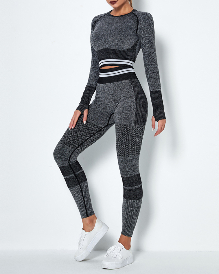 Seamless Knitted Quick-drying Sports Yoga Long-sleeved Two-piece Striped Fitness Yoga Pants Suit XS-L