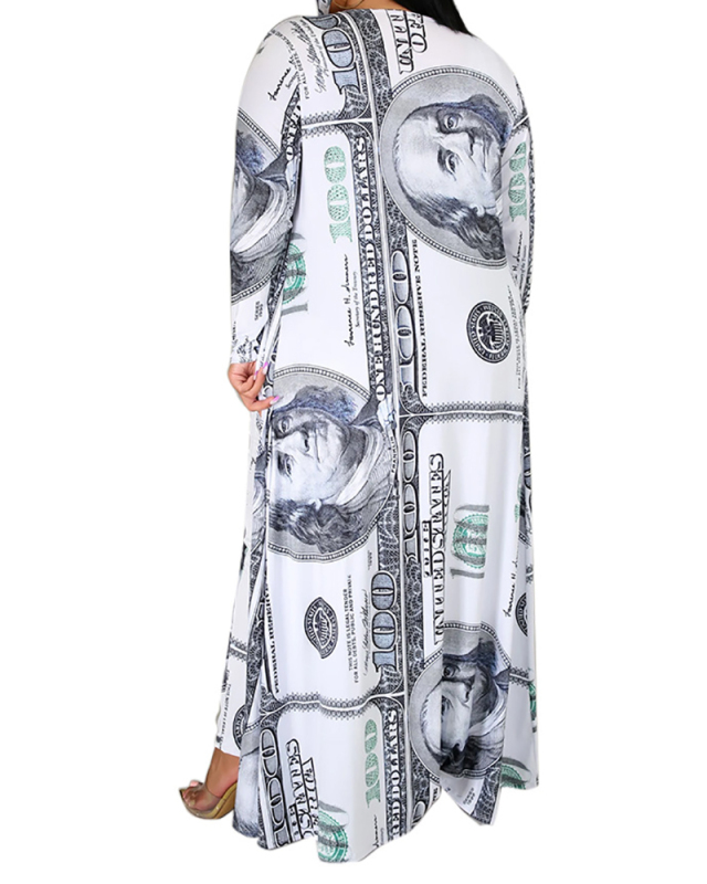 Lady Fashion Dollar Bill Printed Jumpsuit and Cloak Two-Piece Set XL-5XL