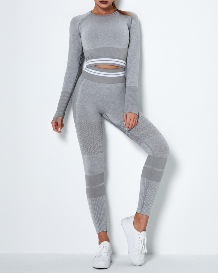 Seamless Knitted Quick-drying Sports Yoga Long-sleeved Two-piece Striped Fitness Yoga Pants Suit XS-L