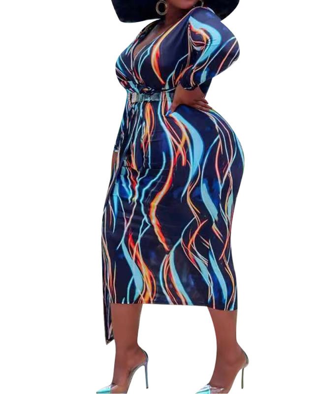 Plus Size Women's Wavy Striped Printed V-Neck Dress XL-4XL