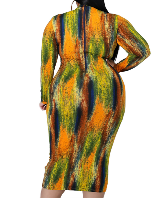 Sexy Ladies High Neck Long Sleeve Slim Tie Dye Printed Mid-length Ladies Dress L-5XL