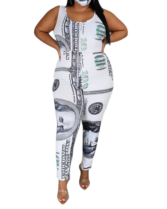 Lady Fashion Dollar Bill Printed Jumpsuit and Cloak Two-Piece Set XL-5XL