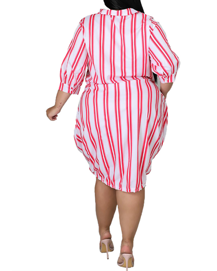 Sexy Lapel Stripe Printed Loose Large Size Long Dress L-5XL