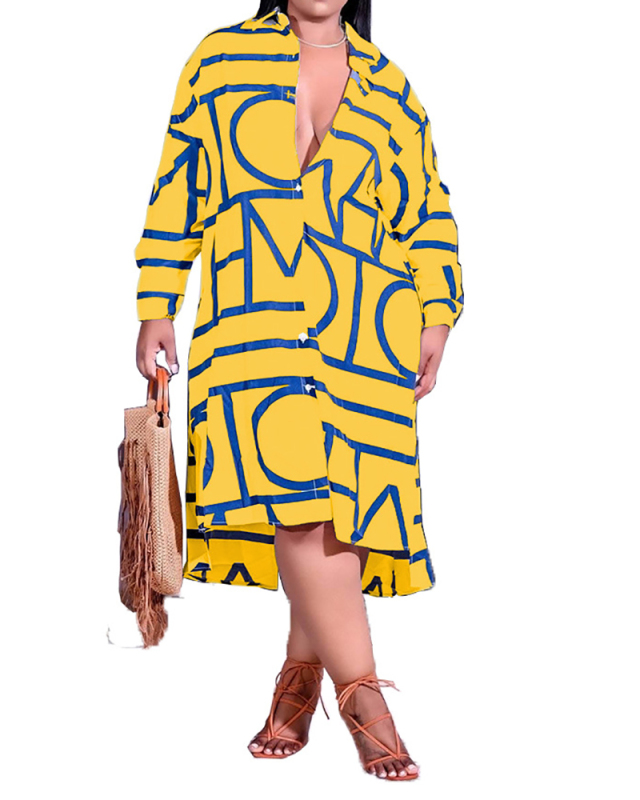 Fashion Print Lapel Long Sleeve Irregular Hem Ladies Shirt Dress L-4XL