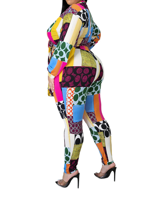 Ladies Large Size Irregular Printed Bandage Close-fitting Fashion Casual Set L-5XL