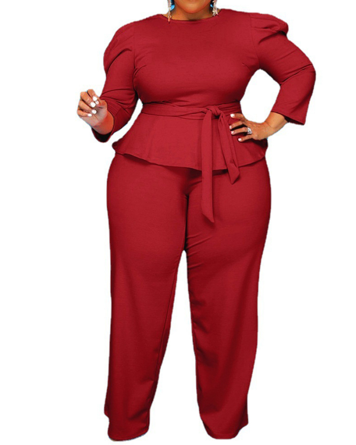 Lady Fashion Solid Color Long-Sleeved Trousers Plus Size Two-Piece Set XL-5XL