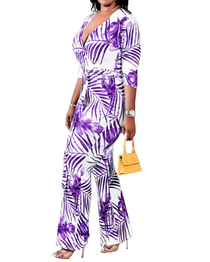 Woman Fashion Elastic Waist Print Large Size Jumpsuit L-4XL