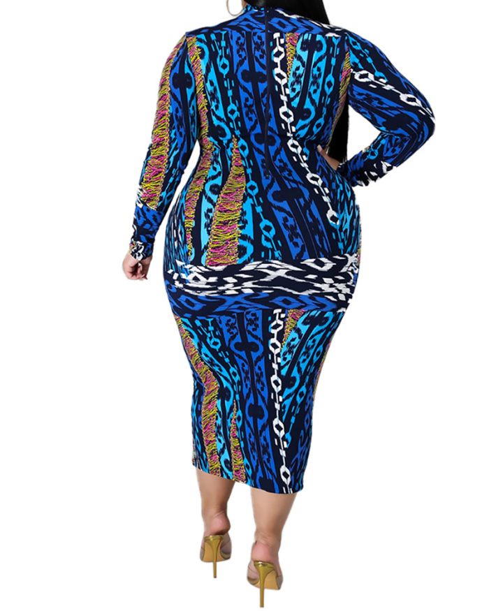Lady Featured Irregular Printed Long Sleeve Slim Ladies Midi Dress L-5XL