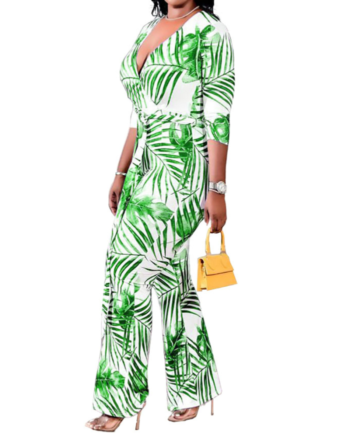 Woman Fashion Elastic Waist Print Large Size Jumpsuit L-4XL