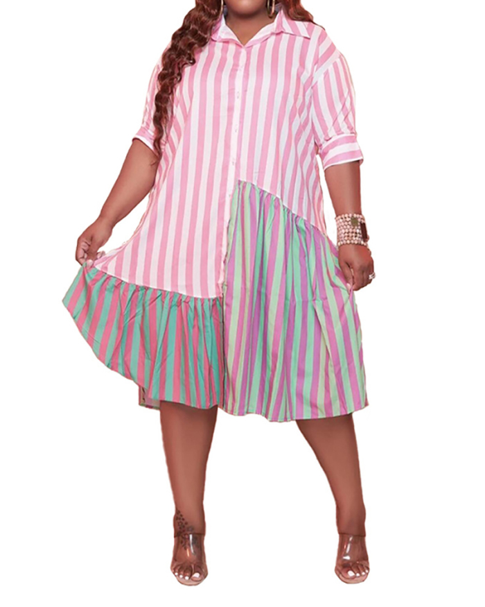 Plus Size Lady's Printed Multicolor Stitching Shirt Dress L-5XL