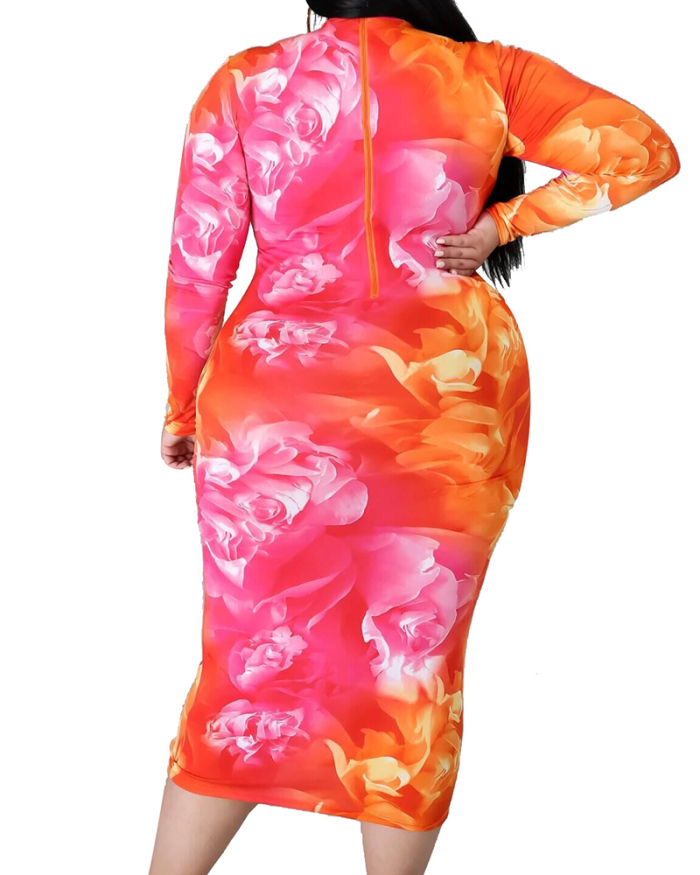 Woman Sexy High Neck Long Sleeve Feature Printed Large Size Slim Ladies Midi Dress L-5XL
