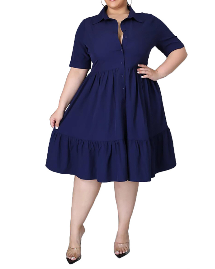 Pure Color Plus Size Ladies Short Sleeve Shirt Dress L-5XL