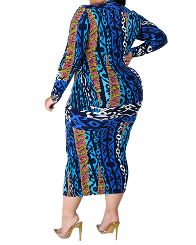 Lady Featured Irregular Printed Long Sleeve Slim Ladies Midi Dress L-5XL